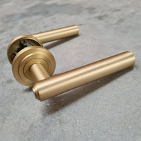 Thumbnail for Solid Brass 'Richmond' Satin Brass Door Handles On Round Rose - M4D45SB