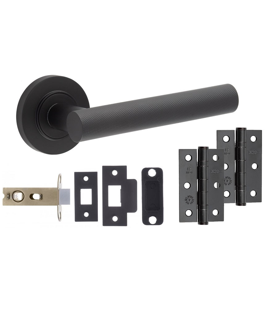 Matt Black KNURLED T-BAR DOOR HANDLE KITS - Latch, Lock & Bathroom Doors, Complete Packs