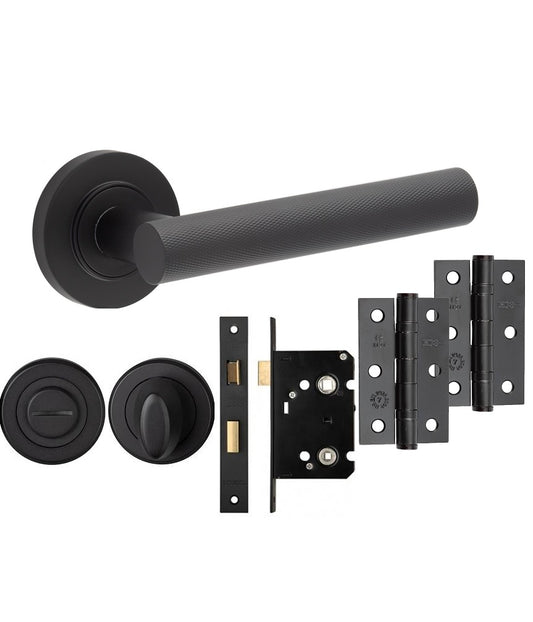 Matt Black KNURLED T-BAR DOOR HANDLE KITS - Latch, Lock & Bathroom Doors, Complete Packs