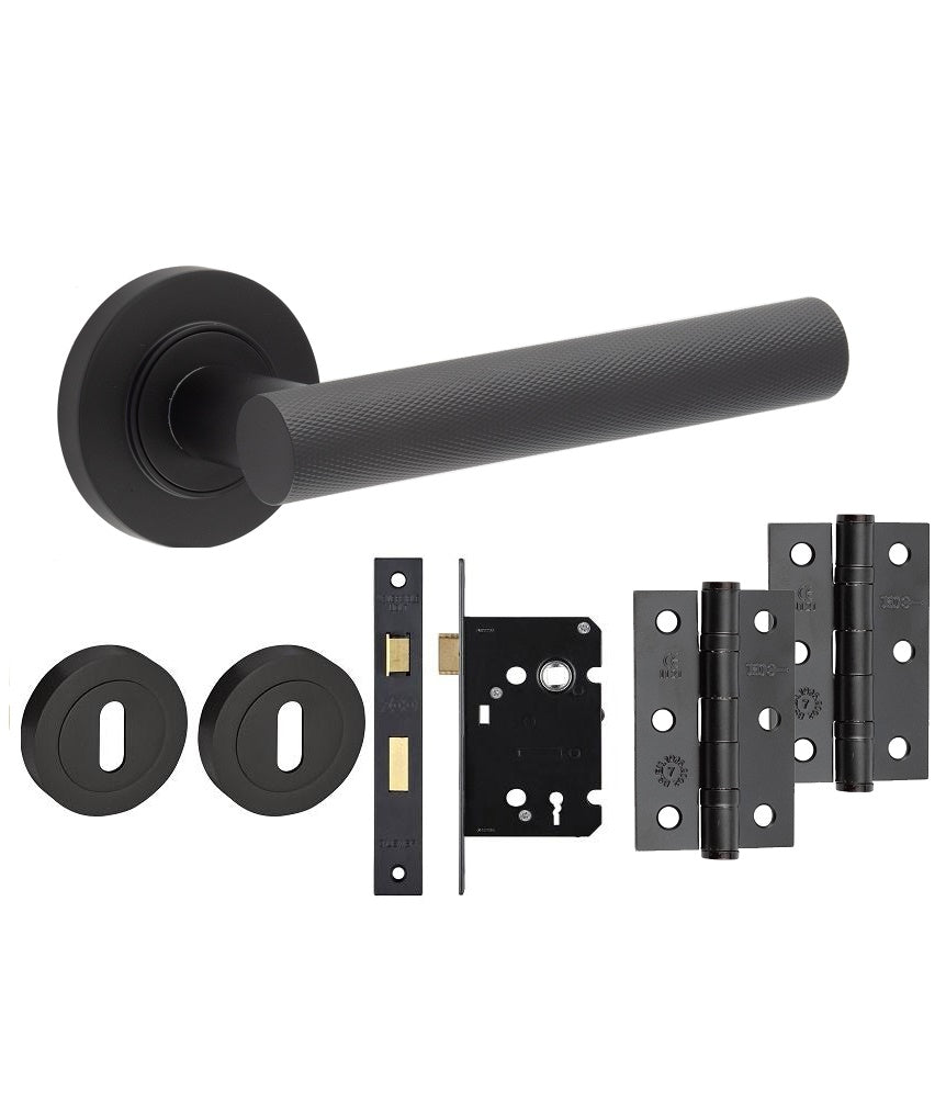 Matt Black KNURLED T-BAR DOOR HANDLE KITS - Latch, Lock & Bathroom Doors, Complete Packs