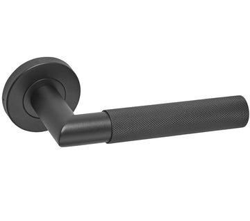 Matt Black Knurled Lever Door Handles on Round Rose