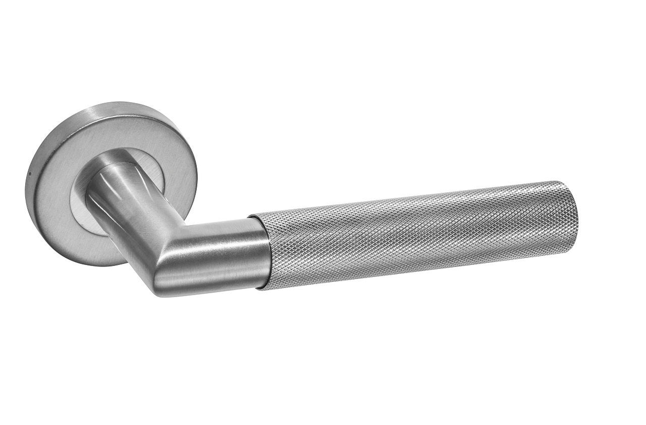 Knurled Satin Stainless Steel Door Lever Handle on Round Rose - M4D1910S