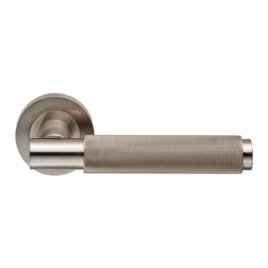 Satin Nickel Varese Knurled Lever Door Handles on Round Rose - EUL050SN