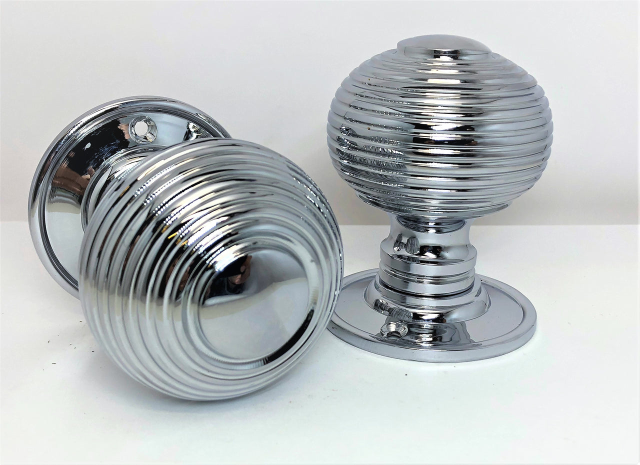 Polished Chrome Large Reeded Beehive Mortice Door Knobs, 63mm  - SB2106PC