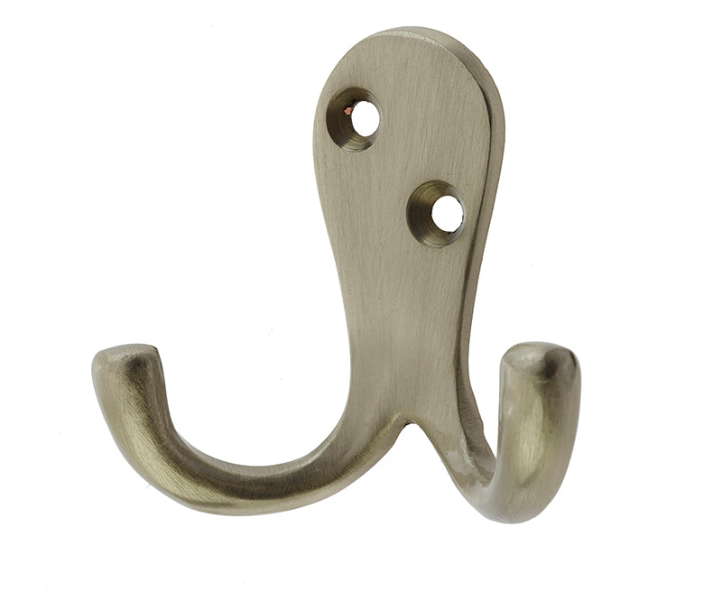 ANTIQUE BRASS DOUBLE ROBE HOOK, 53mm Height, 27mm Projection