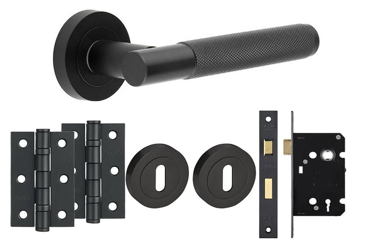 Matt Black Knurled DOOR HANDLE KITS - Locking Pack