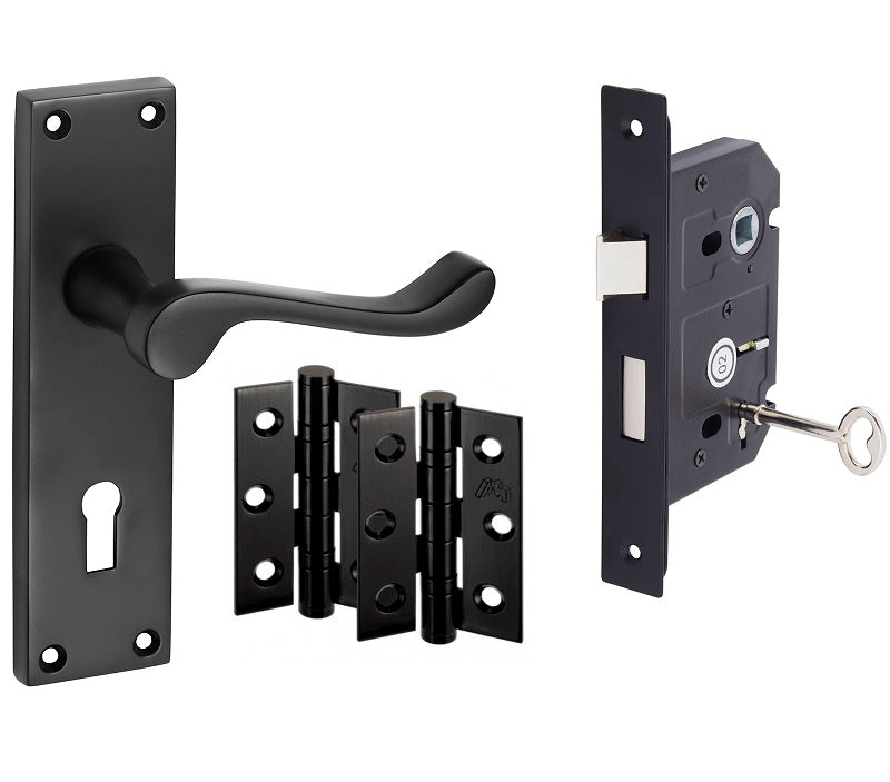 Matt Black Door Handles - Victorian Scroll Lever on Backplate