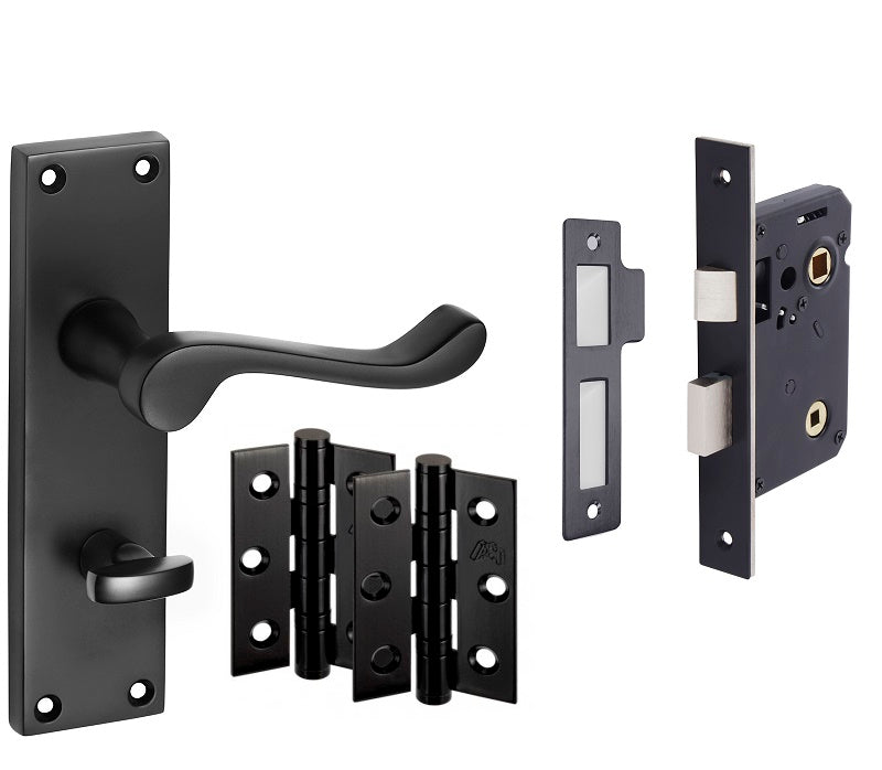 Matt Black Door Handles - Victorian Scroll Lever on Backplate