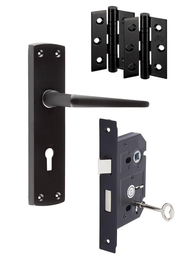 Matt Black Door Handles - Victorian Contemporary Lever on Backplate, 169mm x 41mm