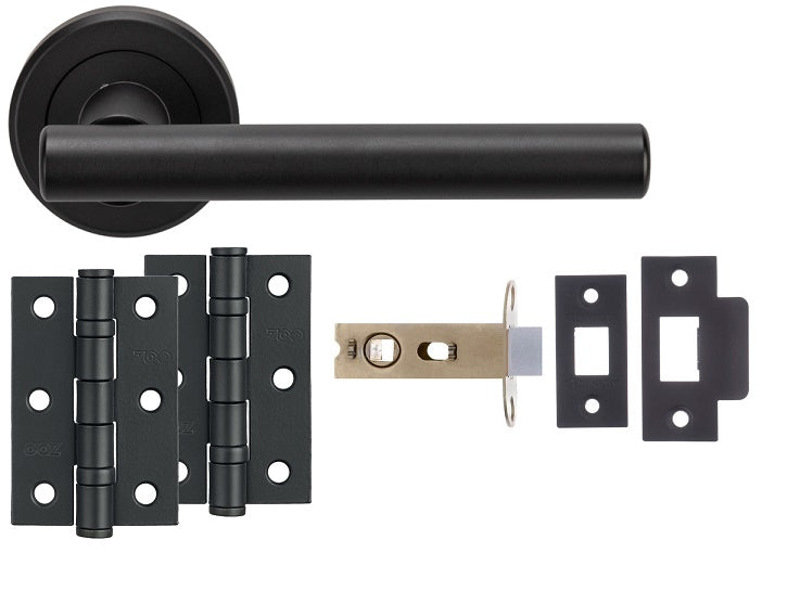 Matt Black Straight T-BAR Design COMPLETE DOOR HANDLE KITS - Latch, Lock & Bathroom Doors