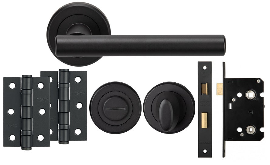 Matt Black Straight T-BAR Design COMPLETE DOOR HANDLE KITS - Latch, Lock & Bathroom Doors