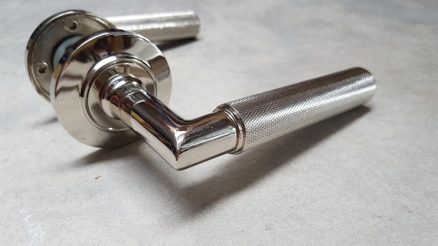 Piccadilly Knurled Door Handles - BUR40/51PN Frelan Hardware Burlington Range - Polished Nickel CHAMFERED ROSE