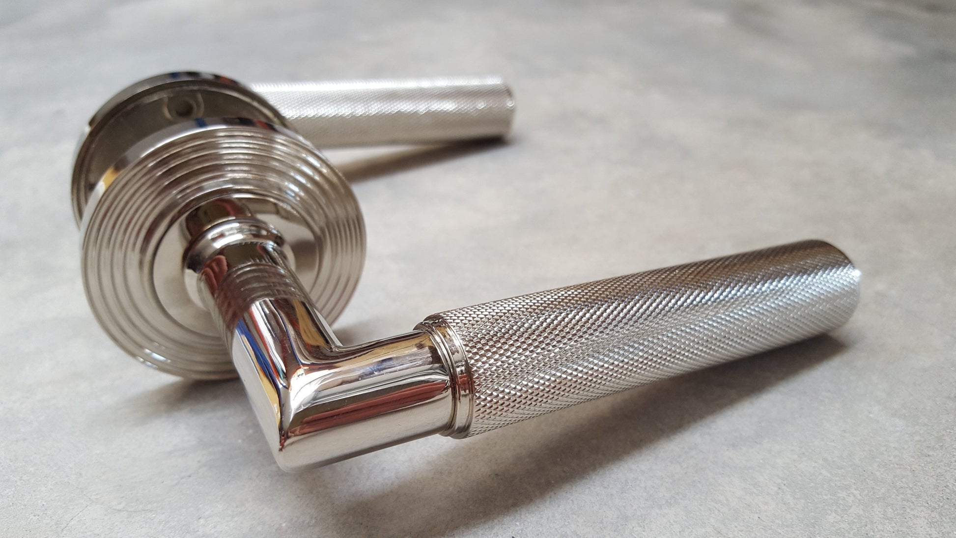 Piccadilly Knurled Door Handles - BUR40/53PN Frelan Hardware Burlington Range - Polished Nickel REEDED ROSE