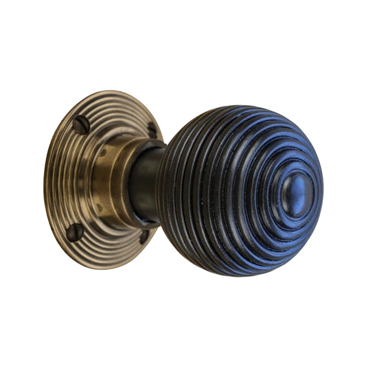 Ebony Wood Aged Brass Reeded Beehive Mortice Door Knobs - SB2115AB