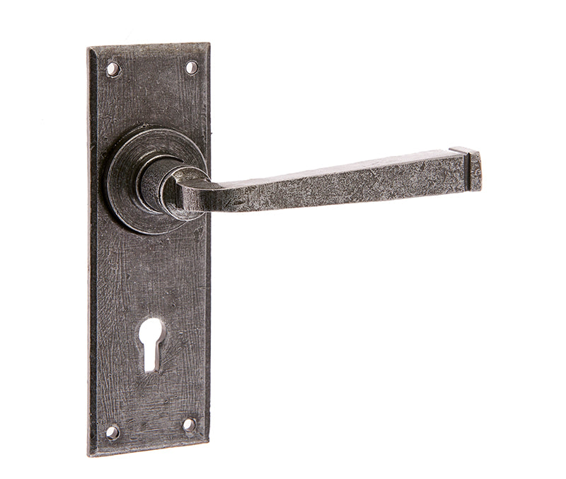 VH100 Valley Forge Pewter Patina Keyhole Lock Door Handles Frelan Hardware Jedo Collection