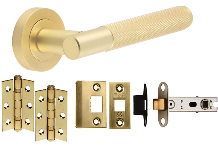 Knurled Satin Brass Door Handle Packs - Complete Kits