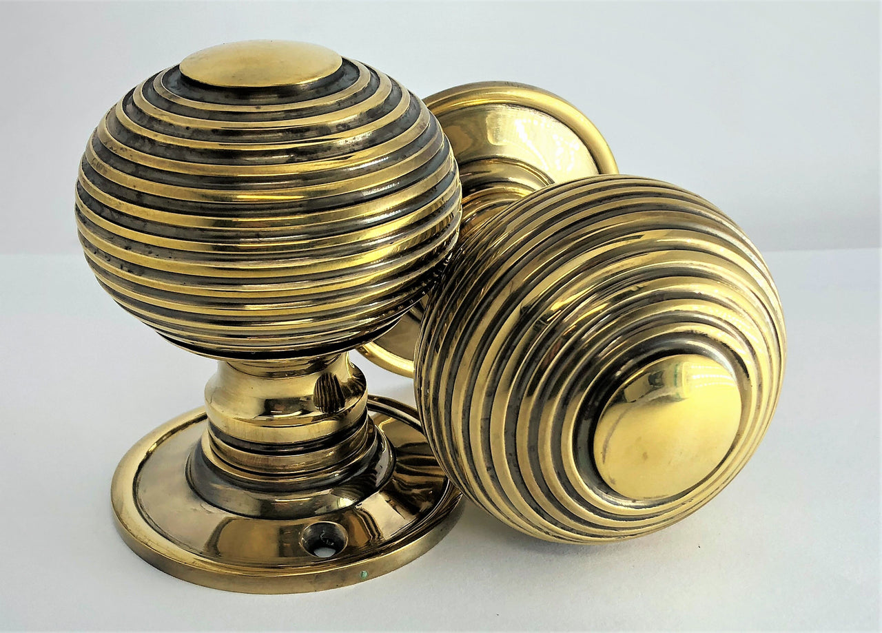 Aged Brass Reeded Beehive Mortice Door Knobs (Solid Brass) - SB2106AGB